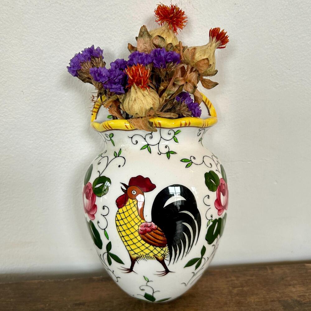 Vintage Japanese Pottery Ceramic Wall Pocket Rooster Vase Cottagecore Farmhouse